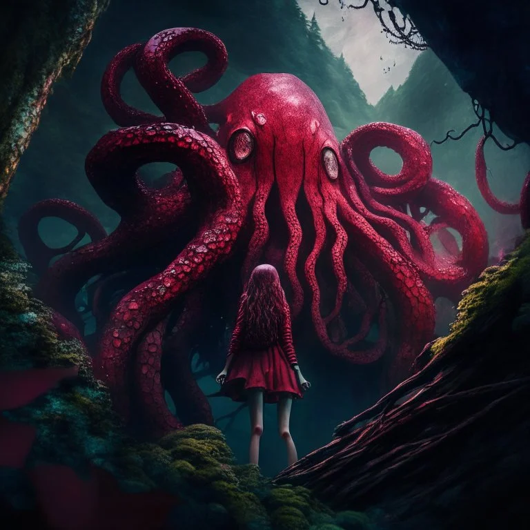 giant octopusgirl in the forest cliff enchanted, darkred tones, 8k, macro photography,