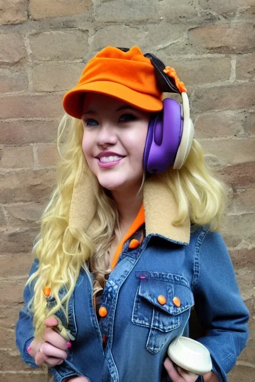 blonde taking selfie.thick thighs,thick calves,flat belly,curvy fell. Mantle is sewed of upcycled Denim and it is sewed together of camouflage pieces, whose color are all denim colors, orange, cream and purple. Big colored headphones (gold rings!) is merged with small felt cap with small visor. It is with big bright purple felt tippet and birght-colored-hood is merged with colorful beanie. Style: Haute Couture, 1980's Finland, N.Y.C fashion in 2023