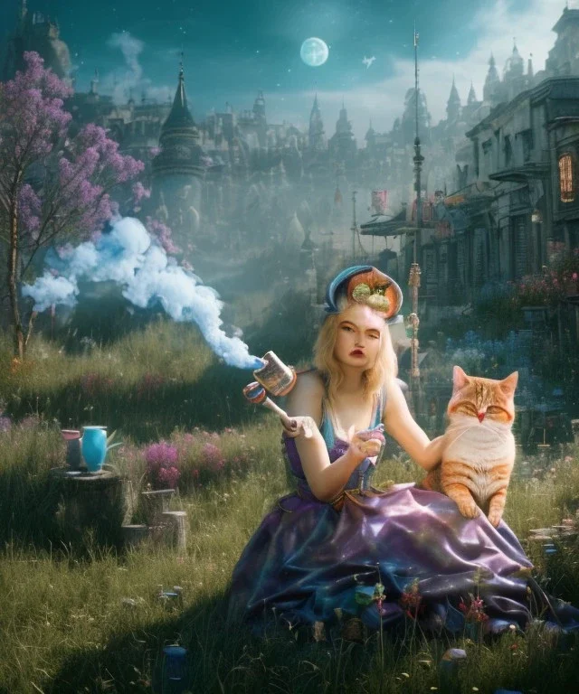 Ultra realistic wonderland photo, happy blonde woman smoking a shisha, blue dress, purple-cat friend, circus dress style, old school tattoo, smoke, marijuana garden, glow eyes, perfect iris, soft color, highly detailed, unreal engine 5, cinematic, ultra detail, volumetric lighting, high definition.