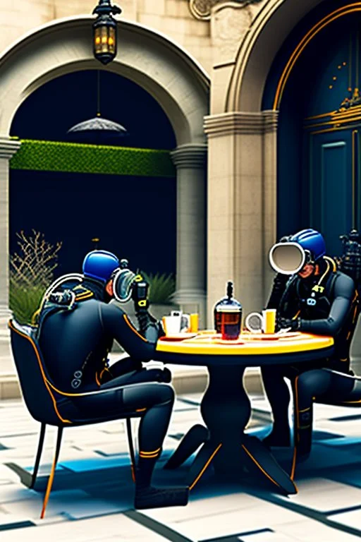 2 divers with full diving gear on, goggles, flip flops and suits are sitting outside at a round table having tea