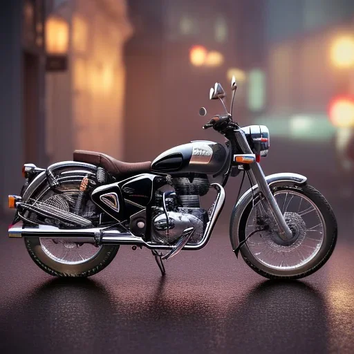 Royal enfield classic 350. City . high speed. bokeh. lens flare. warm lights. high detailed. Anime . Rain