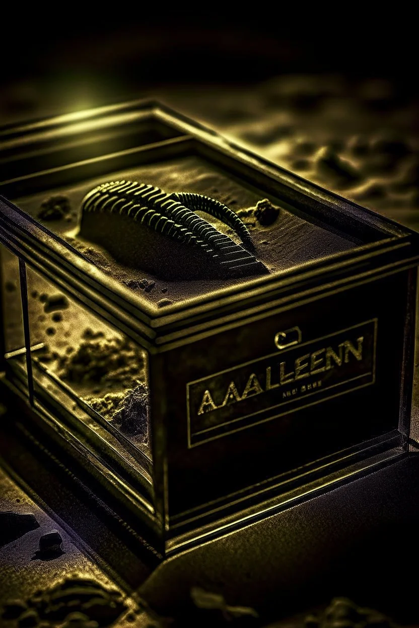 an alien's close up footprint lodged within sand in a neat, square display glass box, "Alien" engraved on small label outside of the box, realistic and highly detailed, 8k