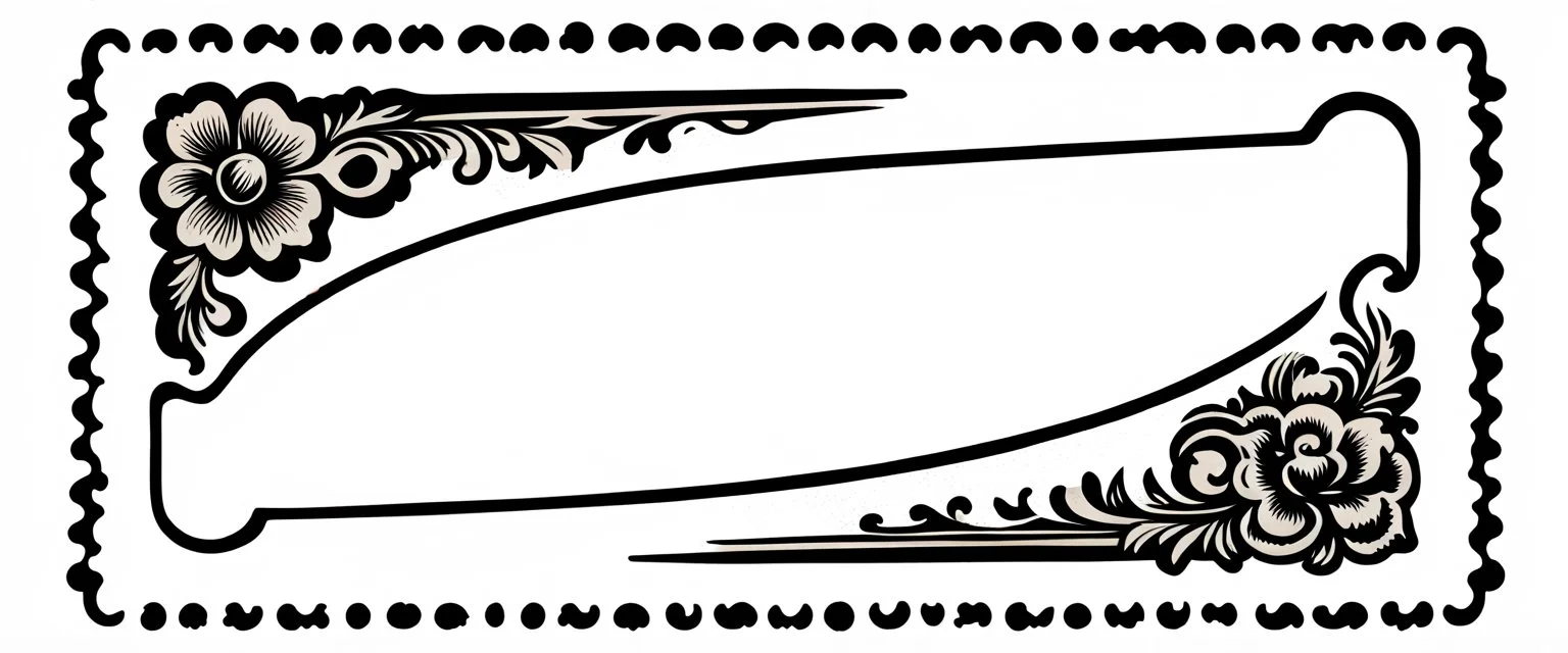 an old engraved stamp with decorative corner elements in the top left and bottom right. add extra elements and color from antique printing