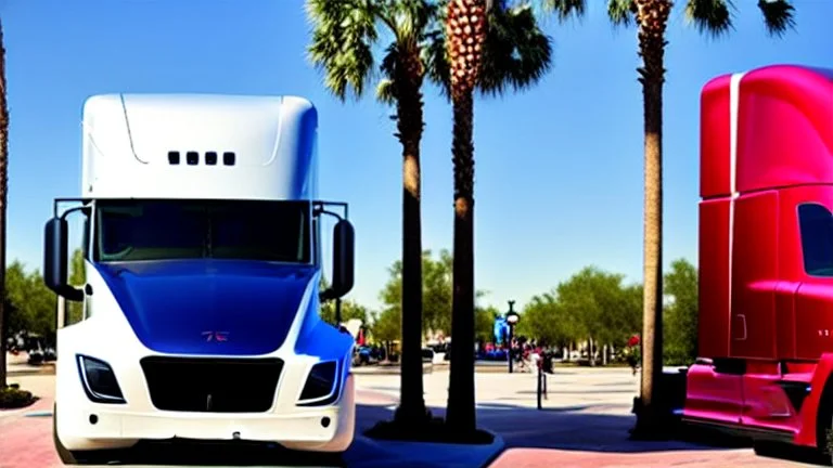 A Tesla semi-truck is parked, in the 'Islands of Adventure, Universal', in Orlando, Florida. CINEMATIC. WIDE ANGLE LENS.