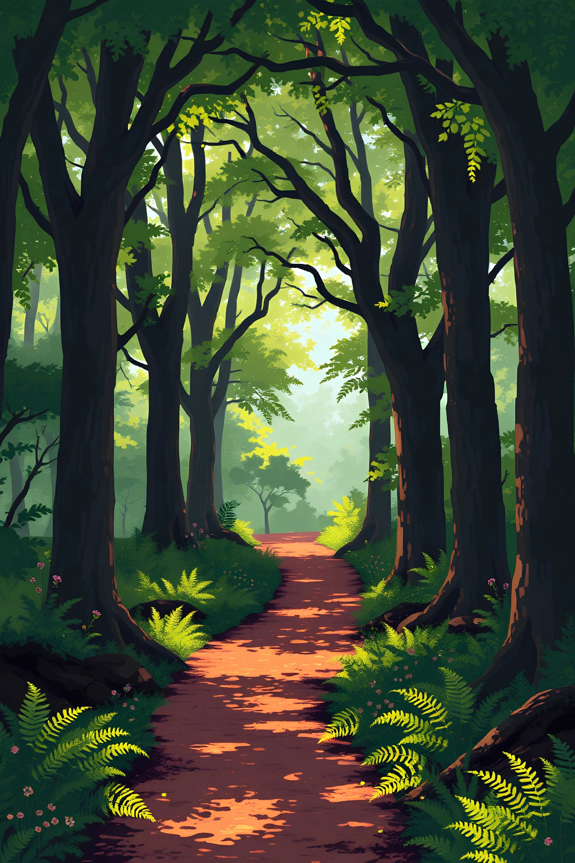 using pixel art, draw these images without any characters, pets or text invent unique and inventive artistic minded ways of expressing the visuals associated with: A hidden woodland path within the arboretum, winding through a grove of towering trees. The dappled sunlight filters through the canopy, casting a gentle glow on the forest floor. The path is lined with ferns and wildflowers, the air filled with the soft rustling of leaves and the distant hum of insects. hd quality, natural look