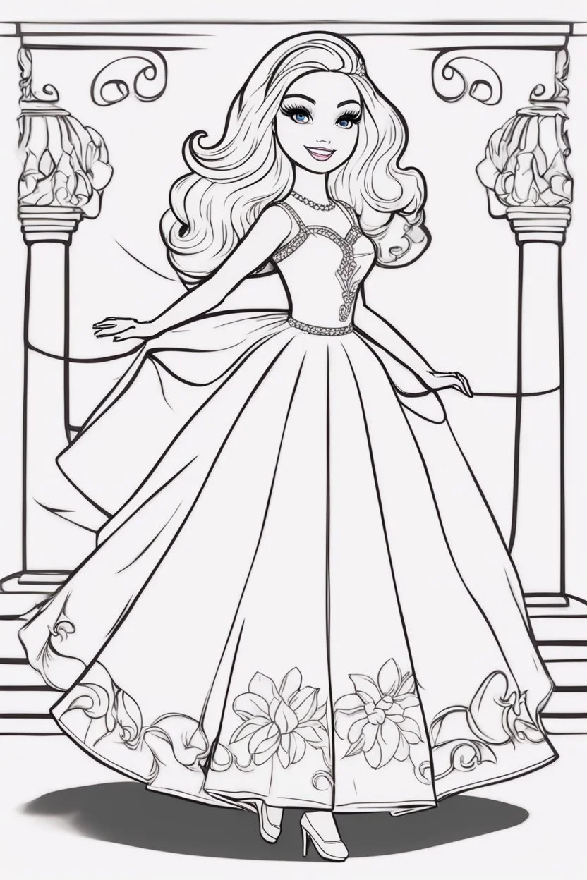 outline art for kids barbie coloring pages with barbie dancing , no background, sketch style, full body, only use outline, mandala style, clean line art, white background, no shadows and clear and well outlined. should look exactly like barbie