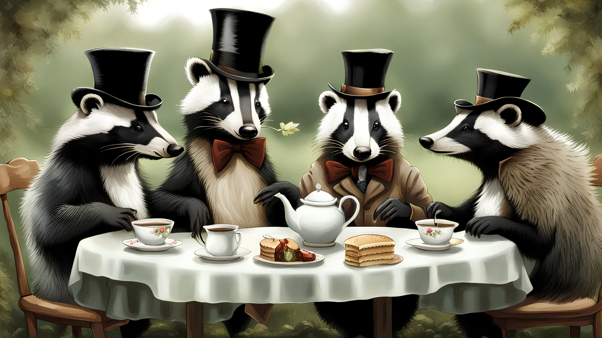 Anthropomorphic European badger wearing a tophat and having a tea party with his other anthropomorphic animal buddies. Illustration.