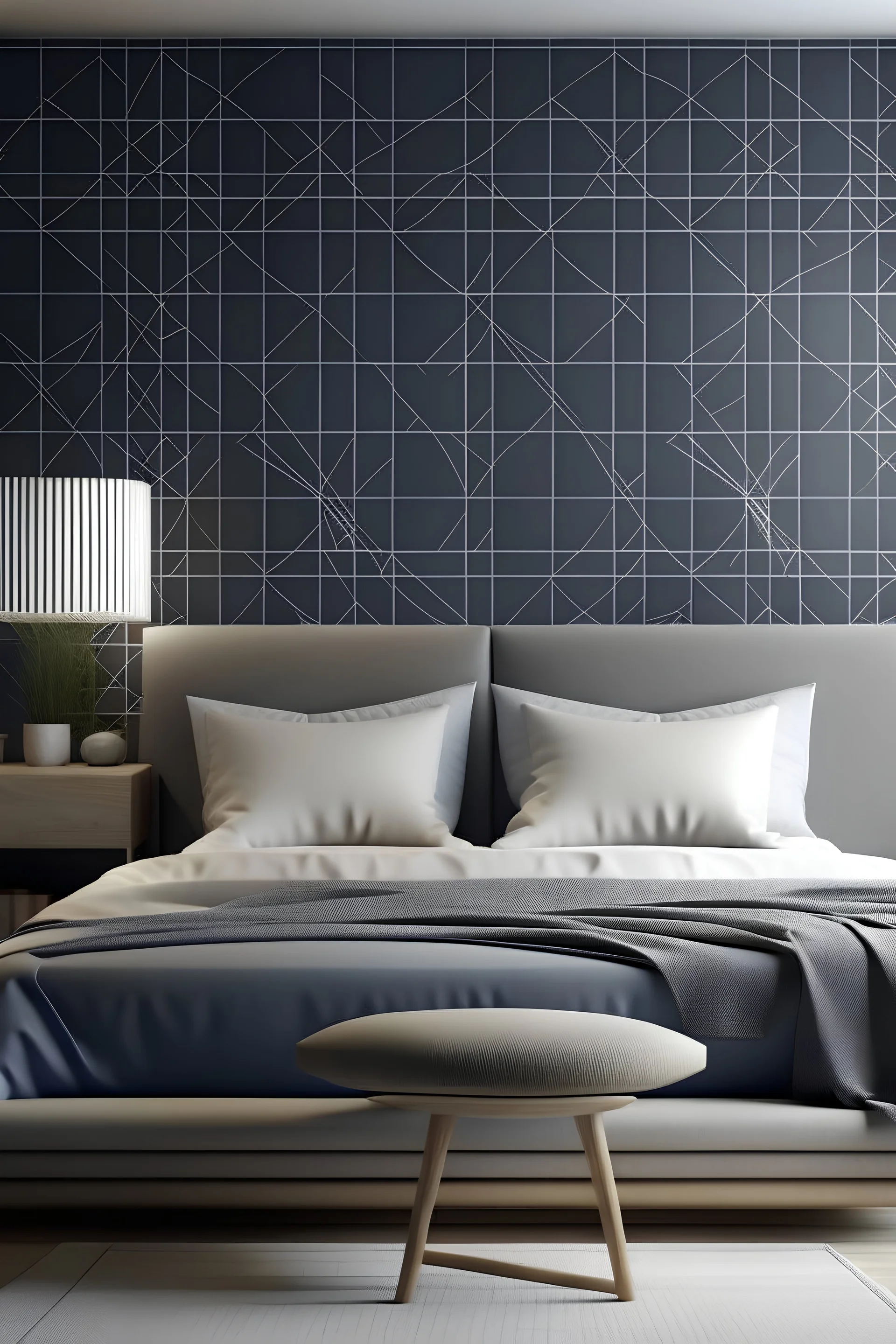 Create handpainted wall mural with Sashiko-inspired geometric stitching lines, creating a pattern with traditional and refined aesthetics. Use a color palette of indigo blue, crisp white, and warm gray for a touch of Japanese elegance in your interior."