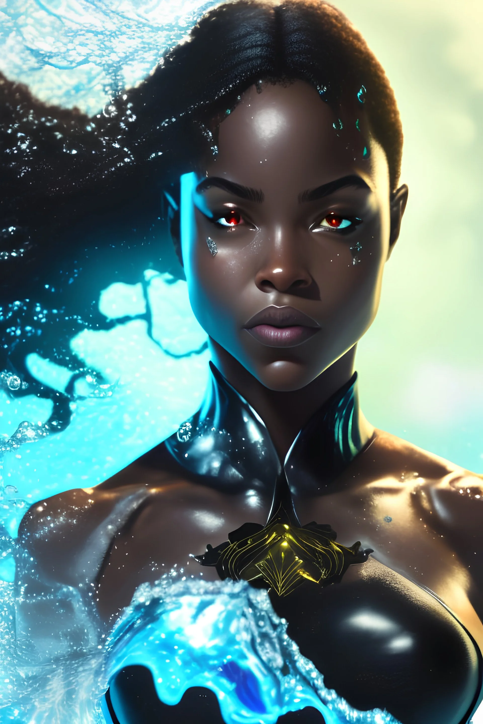 A black female superhero with water powers close up