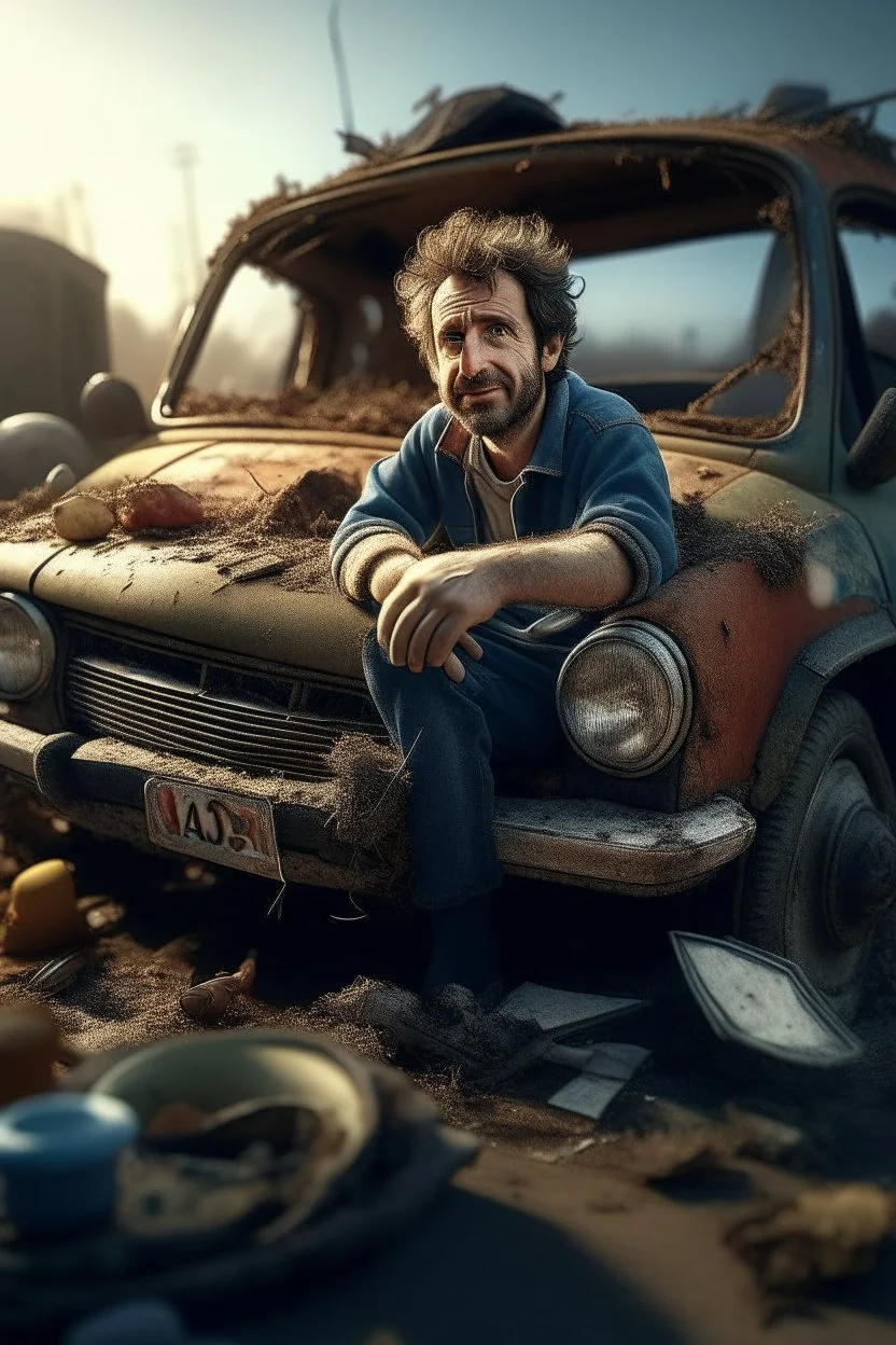 portrait of man stuck in small smashed up and deformed car after a crash sticking his feet out of the bottom like Fred Flintstone,shot on Hasselblad h6d-400c, zeiss prime lens, bokeh like f/0.8, tilt-shift lens 8k, high detail, smooth render, down-light, unreal engine, prize winning