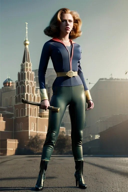 retro portrait image from 1960, Moscow background, wind, long red hair, fighting stance, sweet young Scarlett Johansson, classic tight lycra black suit, weapon, gold bracelet and belt, high heel boots, soft color, highly detailed, unreal engine 5, ray tracing, RTX, lumen lighting, ultra detail, volumetric lighting, 3d, finely drawn, high definition, high resolution.