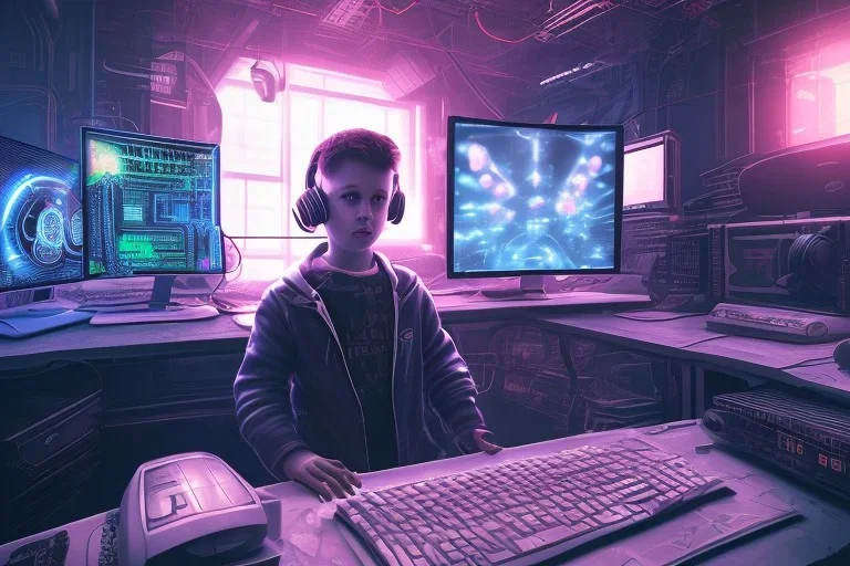 cyberpunk computer with a boy sitting in front of it with headphones and computer has a gamine screen