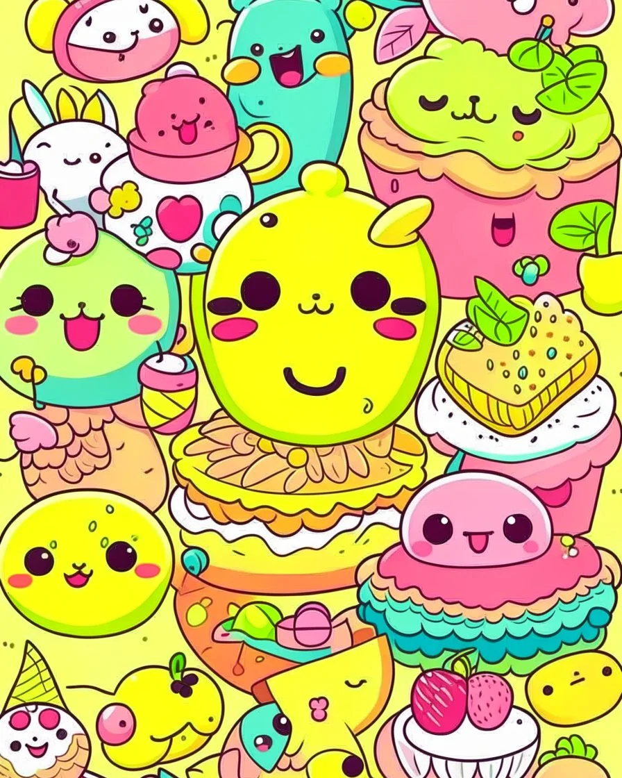 create a 2d outline, kawaii cover with kawaii food smiling and kawaii animals smiling, high quality, colorful,colors,