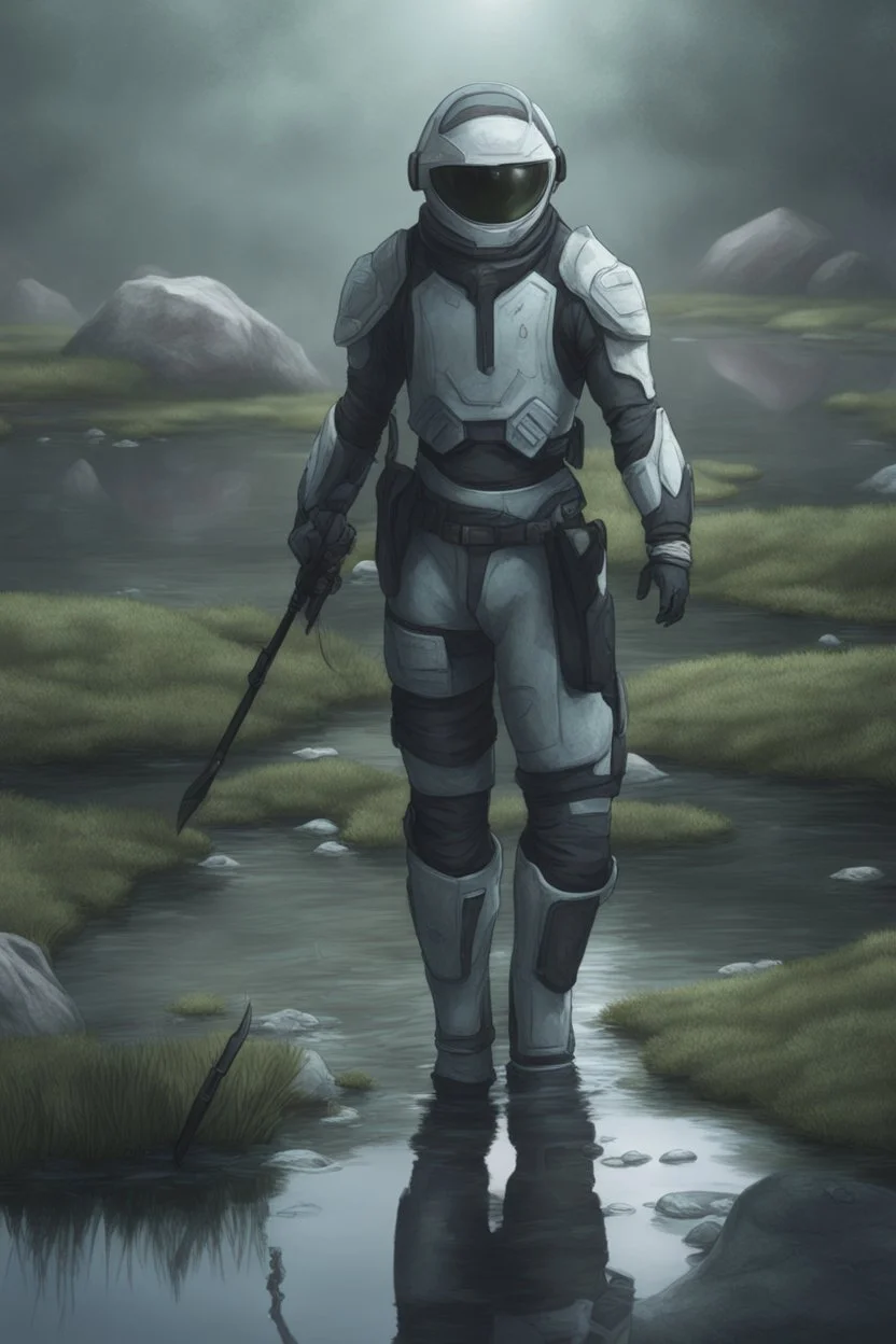 [future] A man in scifi outfit a pond