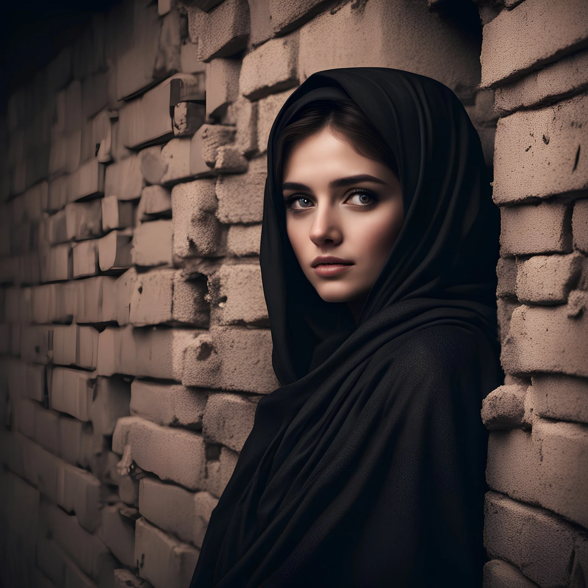 Hyper Realistic Young-Beautiful-Pashto-Women-With-Beautiful-Eyes in black shawl peeking from a cracked-brick-wall at night with dramatic & cinematic ambiance