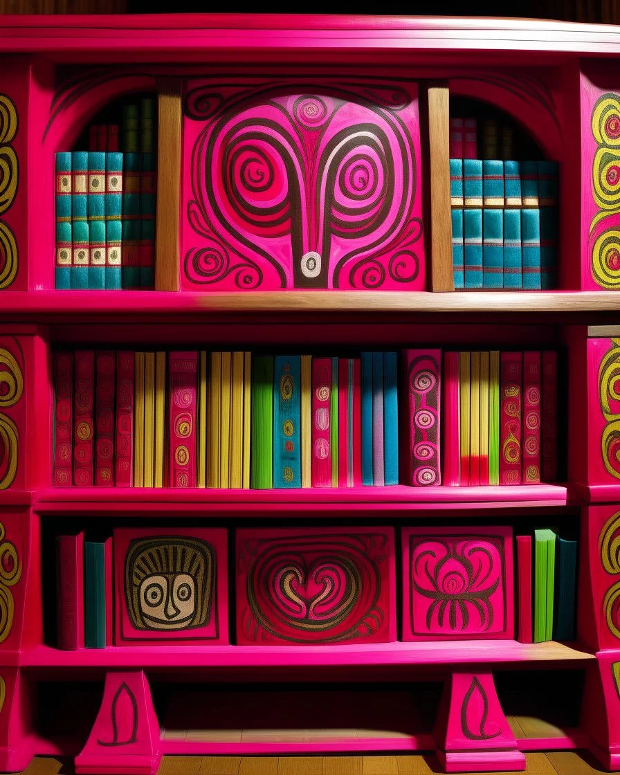 A magenta psychic library with a cyclops designed in Kuna Molas painted by Edgar Degas