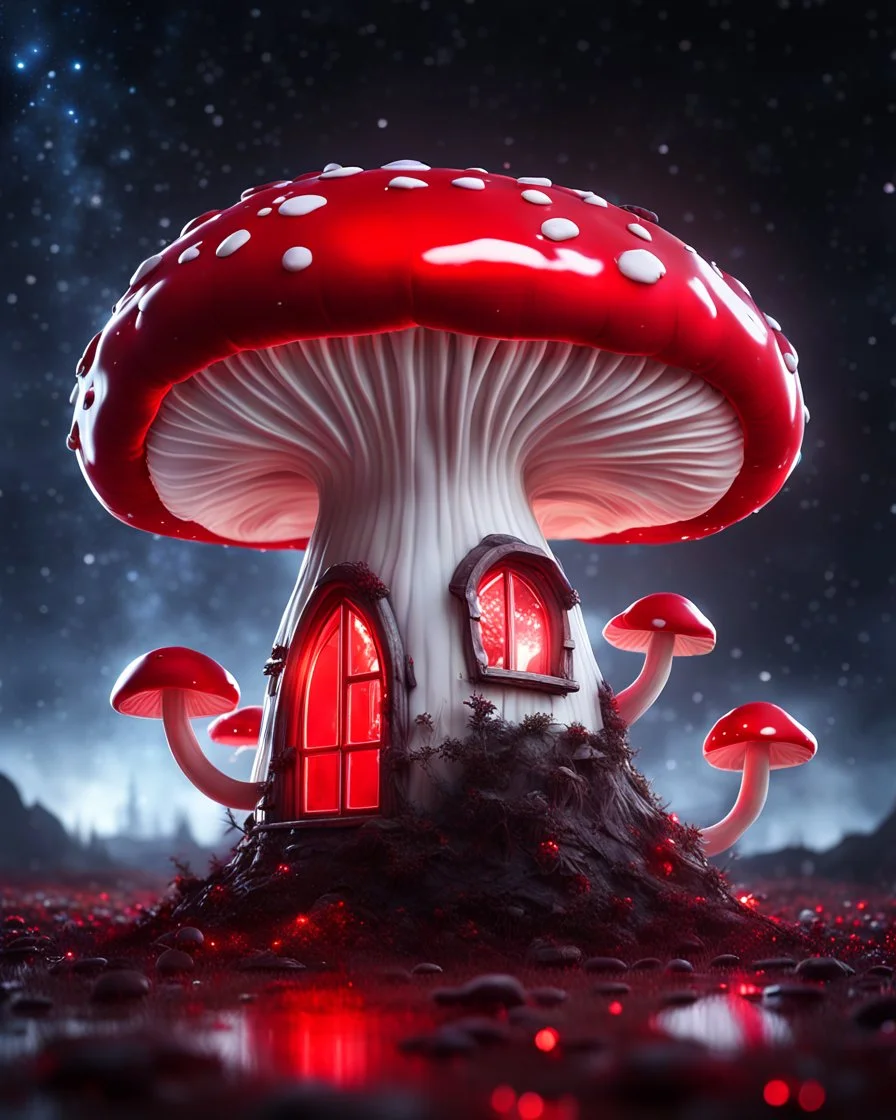 An illogically floating mushroom house on a clear night. white and white and red, Stars Dark cosmic interstellar. Detailed Matte Painting, deep color, fantastical, intricate detail, splash screen, hyperdetailed, insane depth, concept art, 8k resolution, trending on Artstation, Unreal Engine 5, color depth, backlit, splash art, dramatic, High Quality Whimsical Fun Imaginative Bubbly, perfect composition