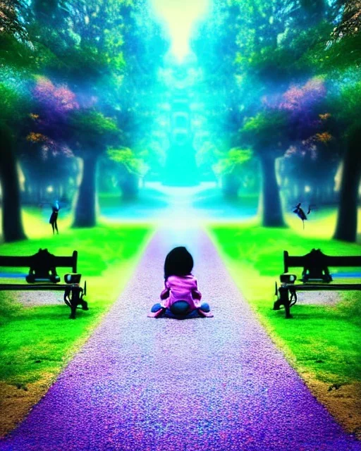 park mystical dream, park bench, man, woman, child, dog, pretty blue and purple trees, blue path, bird, jogger, sunshine, mystical, fantasy, romanticism, digital art, movie poster, cinematic, cinematic lighting, award-winning, beautiful colors, daylight, daytime, vibrant,