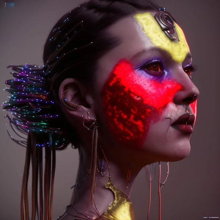 pretty spanish cyber woman, cold ambient, latex, cables, purpurin, blood, black, gold, piercings, brown, decorative color feathers, circuits, neon style, a lot of led lights, fog, rain, vibrant color, highly detailed, art stations, concept art, smooth, unreal engine 5, god rays, ray tracing, RTX, lumen lighting, ultra detail, volumetric lighting, 3d, finely drawn, high definition, high resolution.