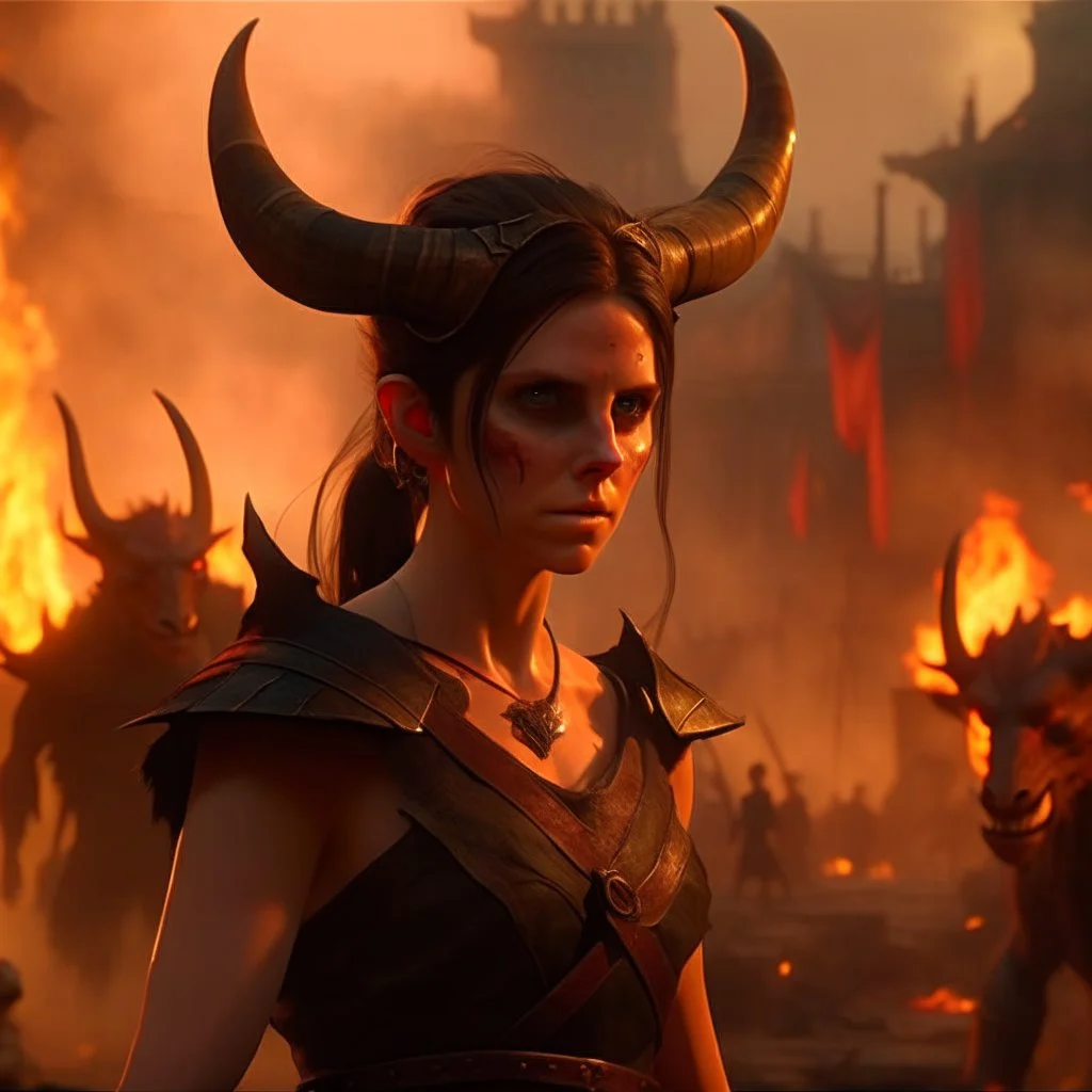 a dark haired tiefling woman with horns in a sleeveless battle outfit, a face like emma watson, amidst town ruins with fires burning, photo quality