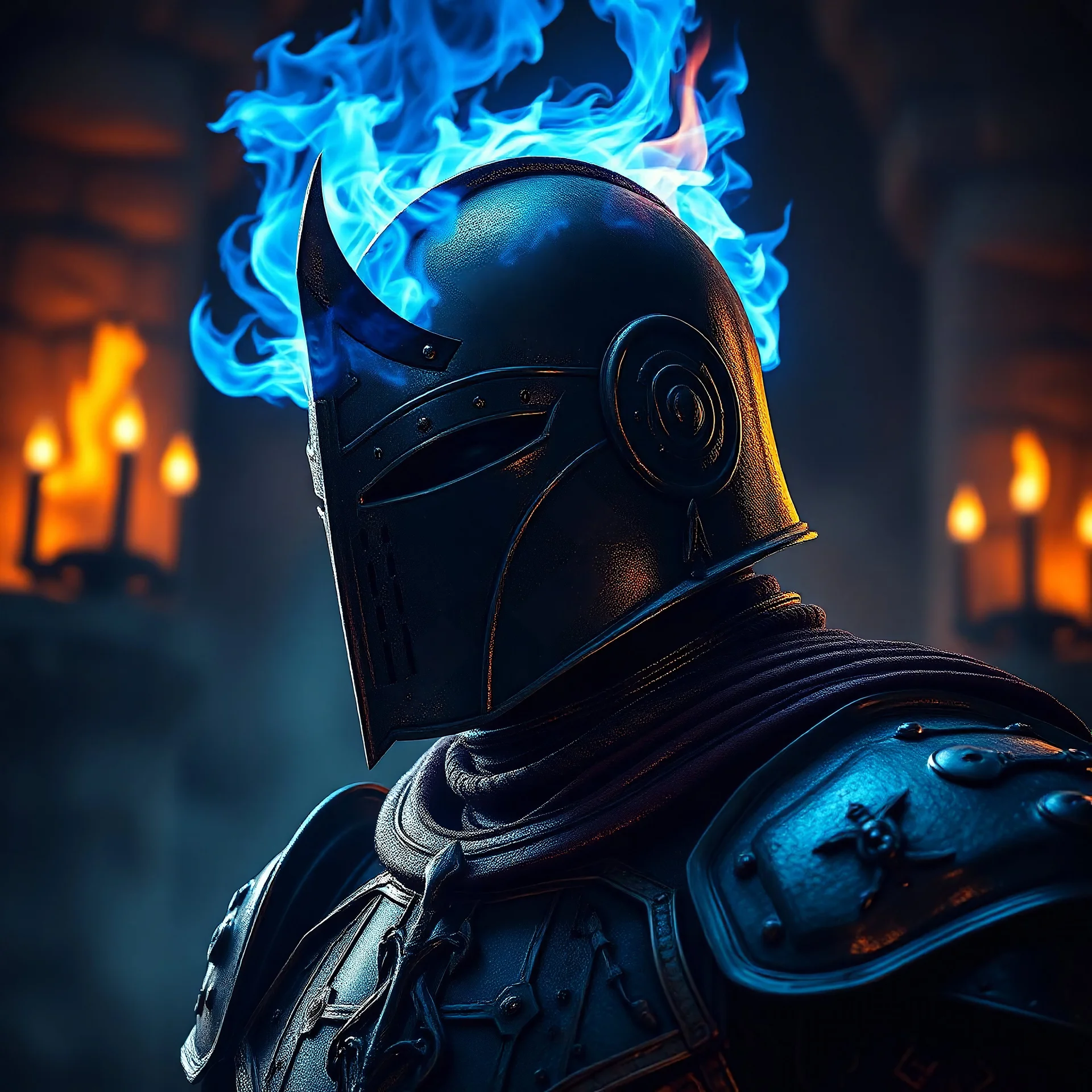 Knight in dungeon, Head burn blue fire, 4k, avatar, dark fantasy