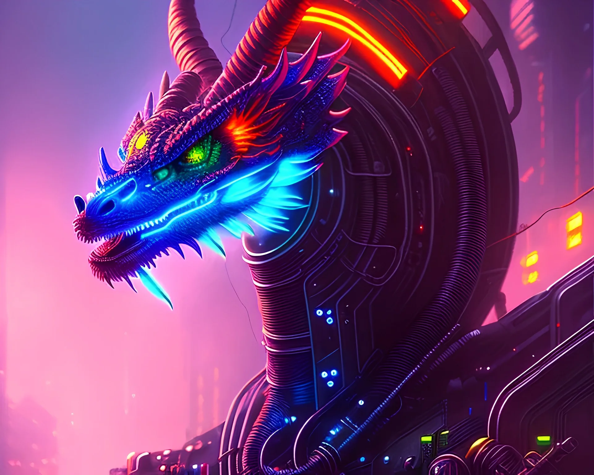 cyberpunk dragon, cyberpunk, full body, realistic, intricately detailed, neon lighting, vivid colors, neon, futuristic, meticulously detailed