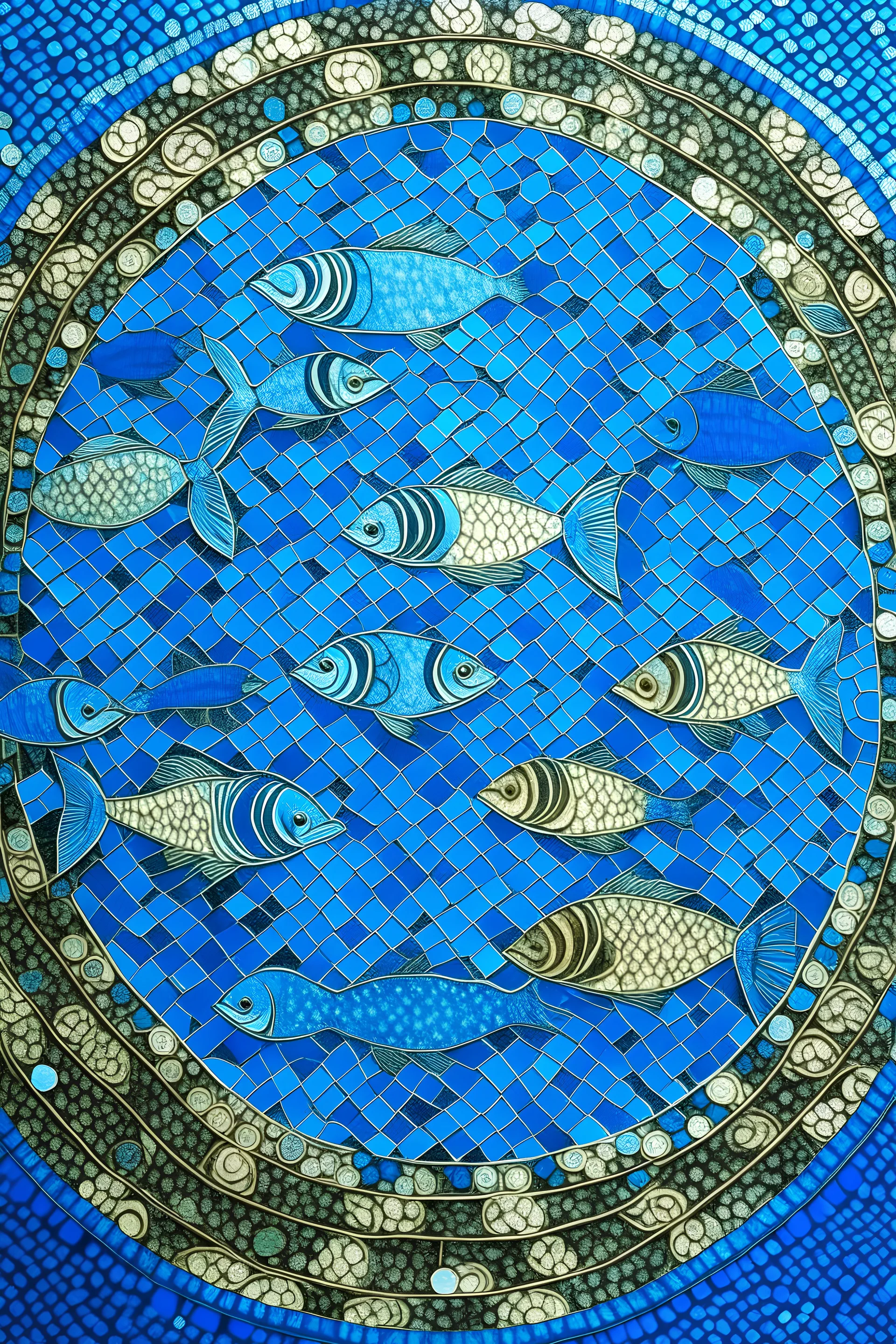 A blue sea filled with fish designed in Roman mosaics