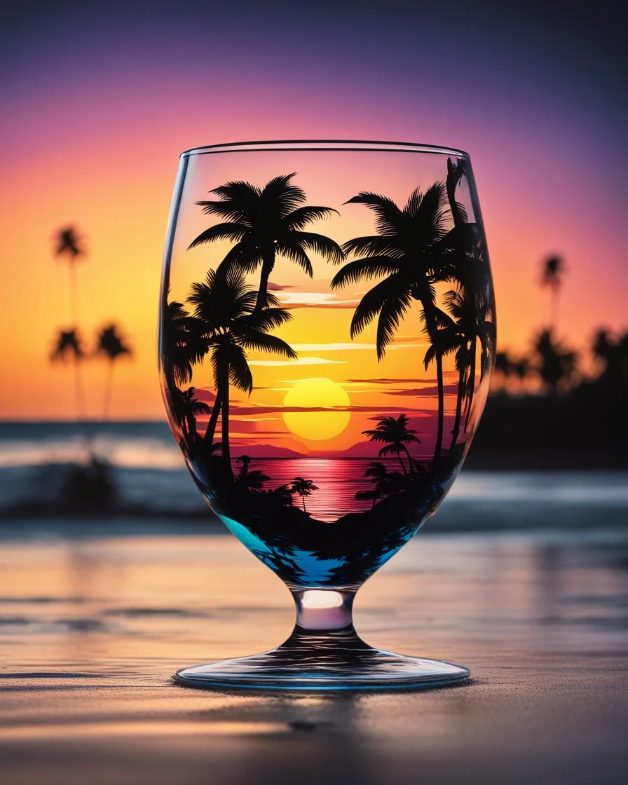 A stunning conceptual illustration of a beach scene encapsulated in the silhouette of a cocktail glass. The beach is depicted with vibrant colors, showing a sunset sky and the coastline with palm trees. The negative space of the glass highlights key elements of the scene, such as the sun, waves, and a palm tree. The black background enhances the cinematic effect, making the glass look like a window to a tropical paradise. 12k 3D HD hyper-realistic style Image quality CodeFormer AI 12K cute and e