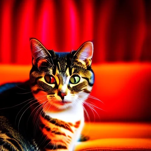 portrait of a Cat on red sofa, by Van Gogh, no frame, no signature,cinematic composition,perfect composition, intrincate detail,Realistic,Crystal clear eyes, fit full body inside picture,8k