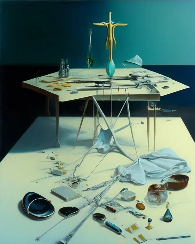 human body, universe-like table,complex surgical instruments mixed with human body-like musical instruments,minimalism,Painting By Adrian Ghenie, Rene Magritte, Lucian Freud