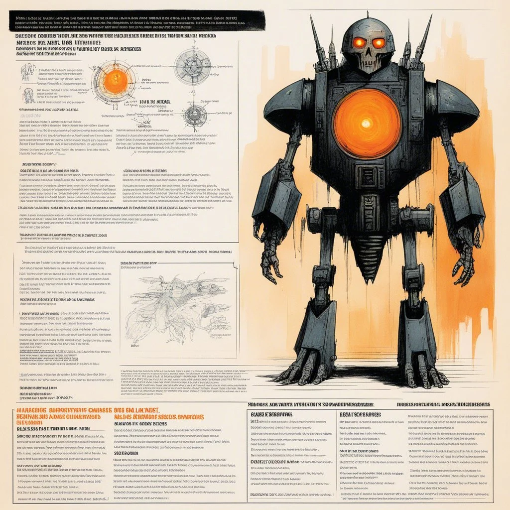 [illustration from The Adventures of Bob Hope] character concept sheet with AD&D statistics and characteristics, [Blade Runner (1982)] skeletal android with internal mechanisms and orange glowing eyes in blood soaked spaceship corridor