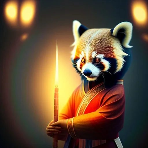 a cute litte red panda wearing Hanfu, holding a large candle, BK complex detail, cinema, reality, detail, octane rendering, stoic cinematic 4k epic detailed photograph shot on kodak detailed bokeh cinematic hbo dark moody 8k, 85mm f/16 by leica