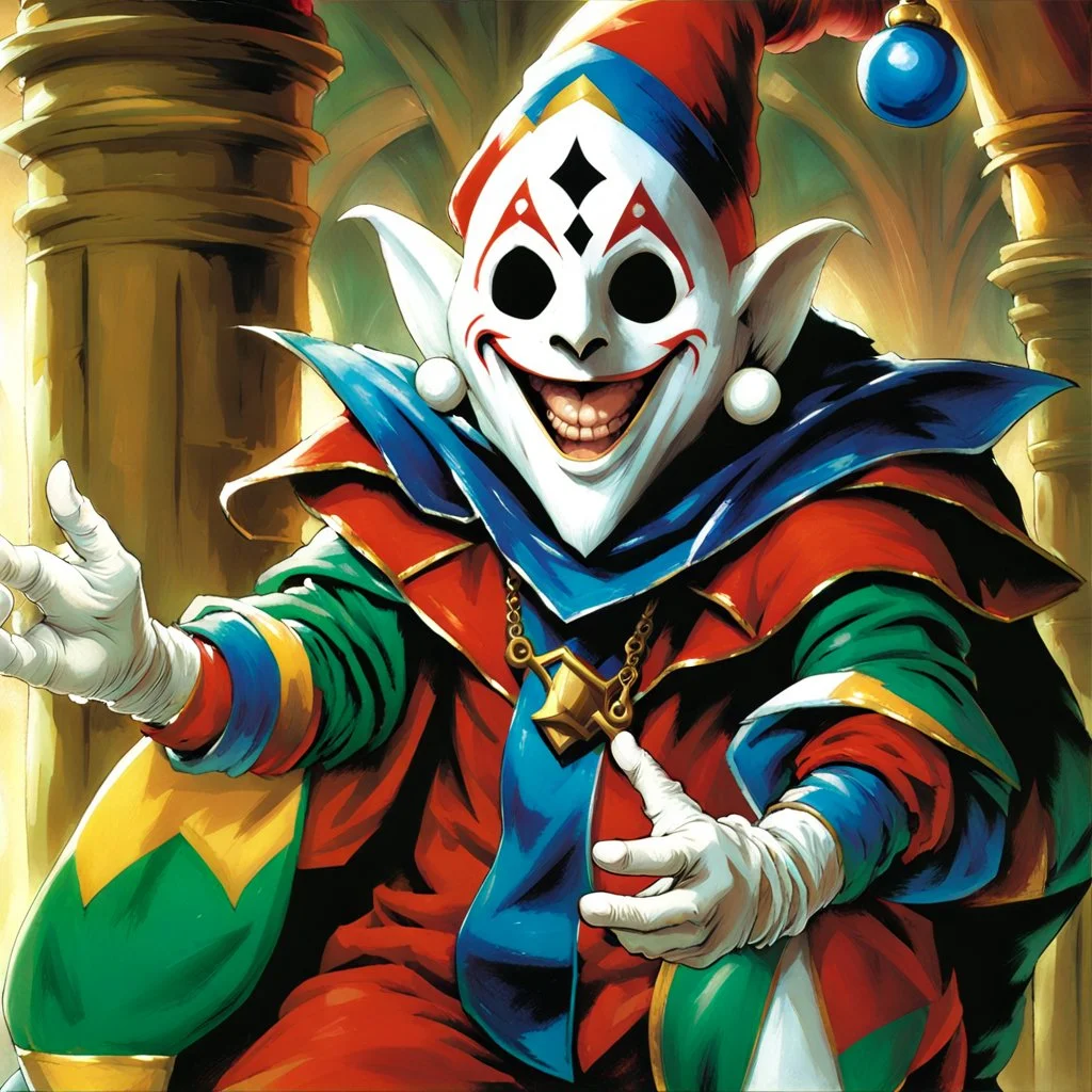 fantasy 90's tcg art jester with white mask happy heroic