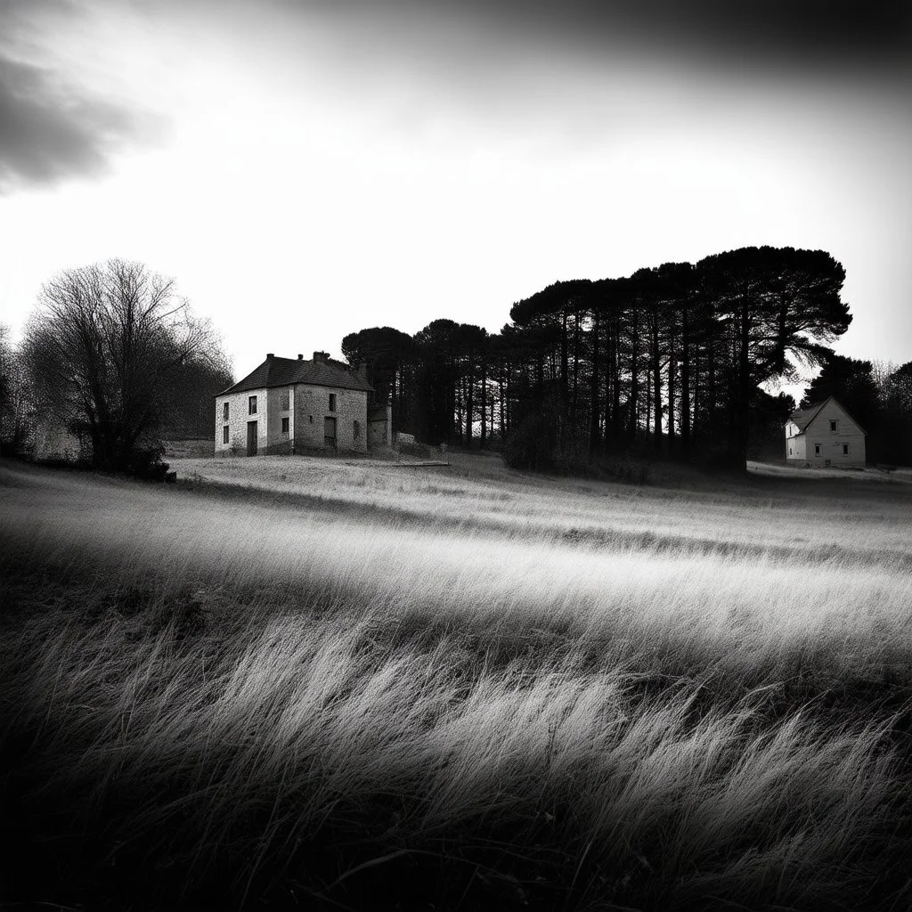 A landscape, odd black and white old photo, dystopic atmosphere, trees, some odd houses, George Grosz