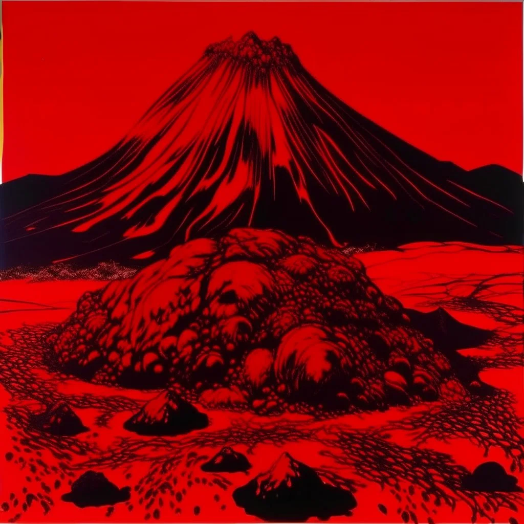 A dark red savage volcano with stones painted by Andy Warhol