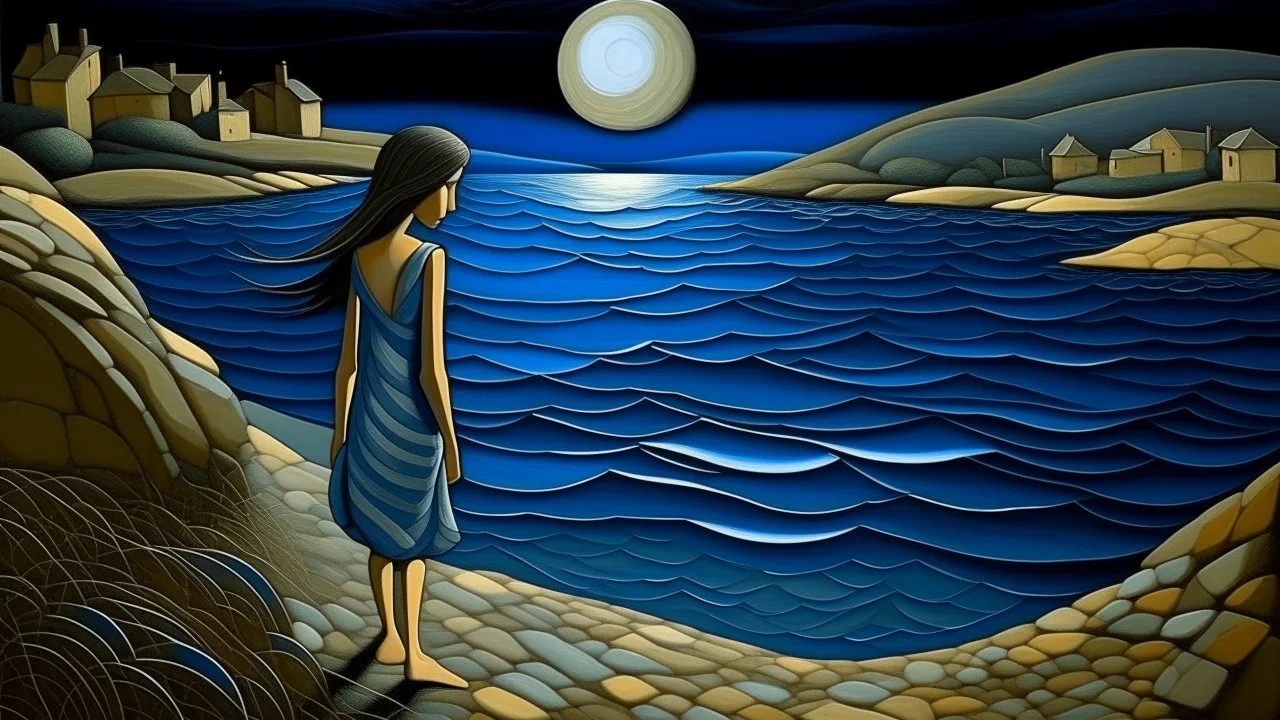 a girl walks along the moonlit foreshore+cretan, gentle cubist, neo-romantic+hyper landscape, complex detail, very realistic, art by John Craxton