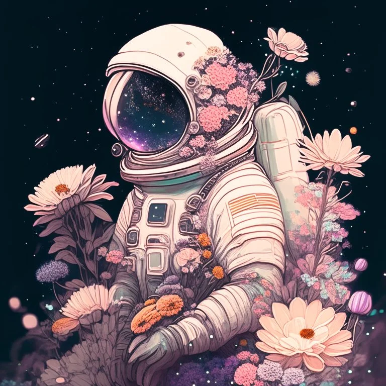 "floral astronaut" hand-drawn digital art, muted tones, flowers everywhere, REALISTIC, anime, 4k, colorful, galaxy, space