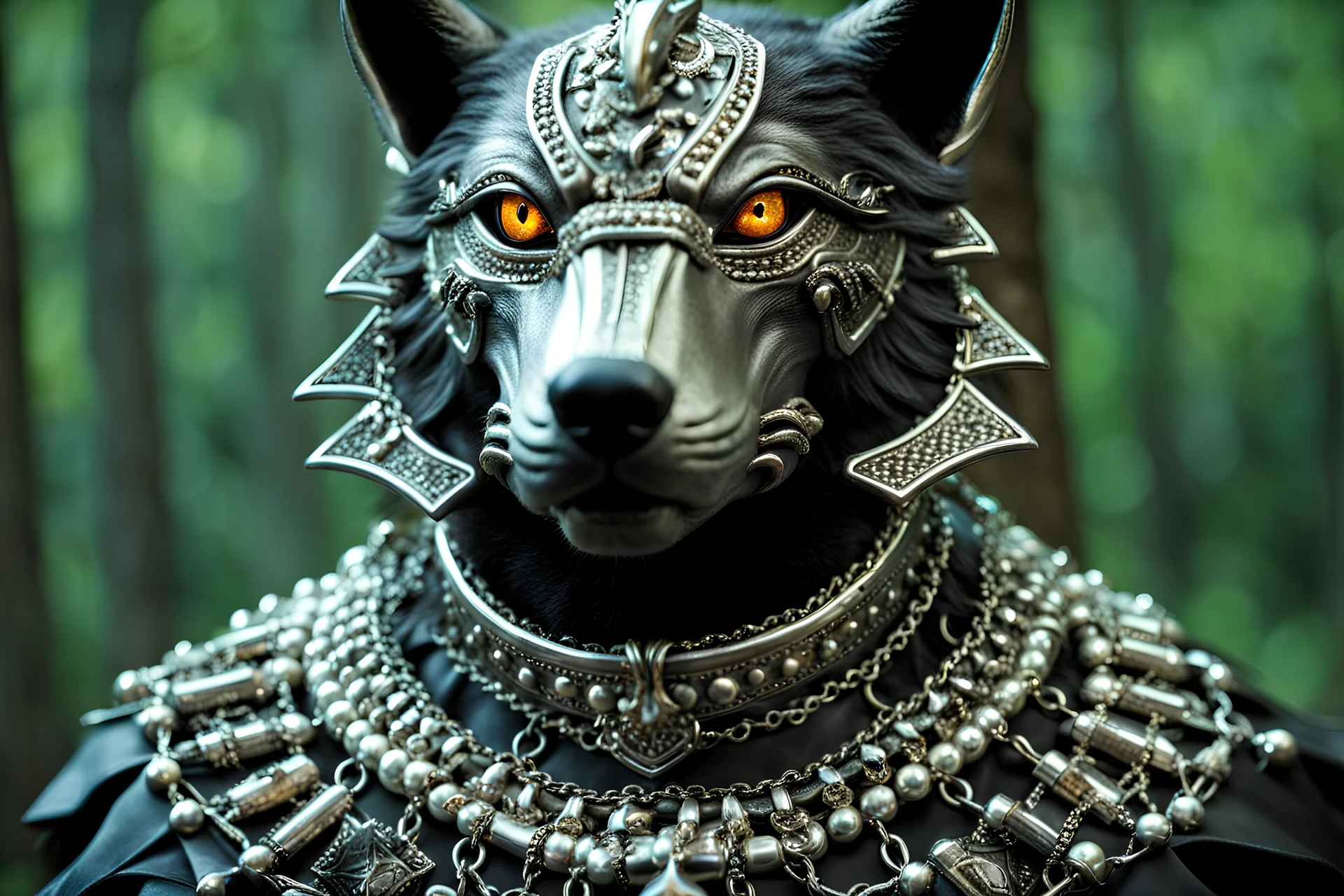 Studded Silver collar and chain, around the neck of a wolf dark fantasy