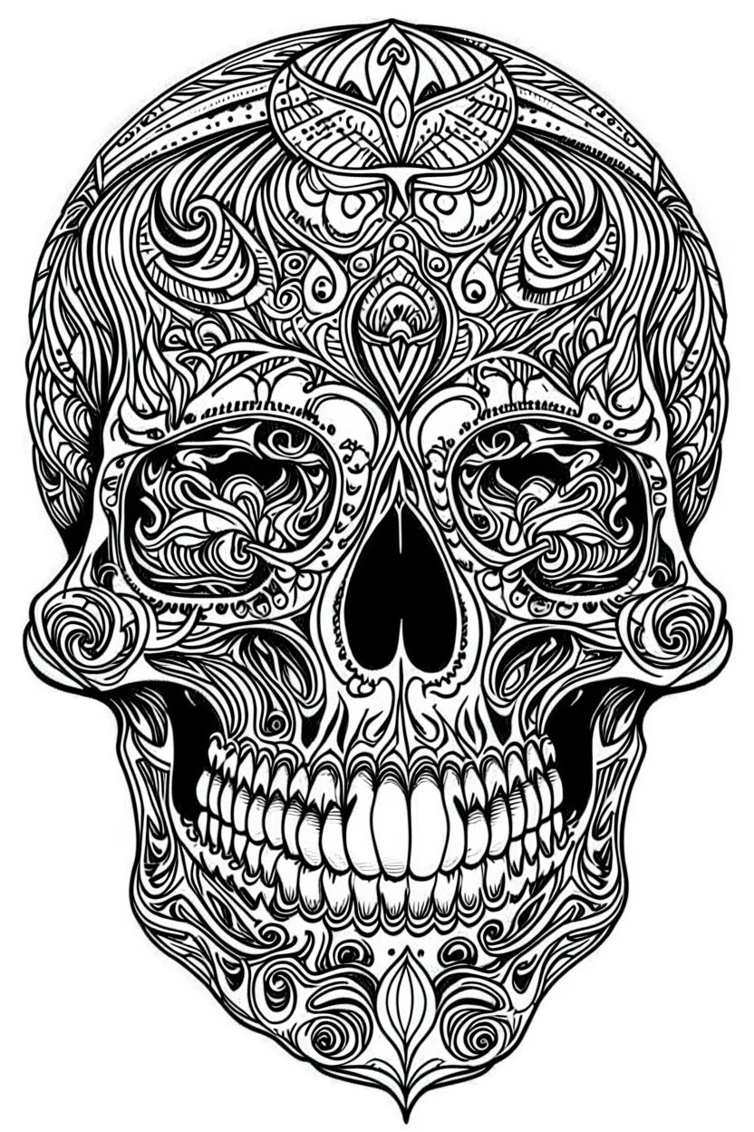 outline art for horror coloring pages for adults with skull, white background, Sketch styl, only use outline. Mandala style, clean line art, no shadows and clear and well outlined, Intricate Patterns and Details