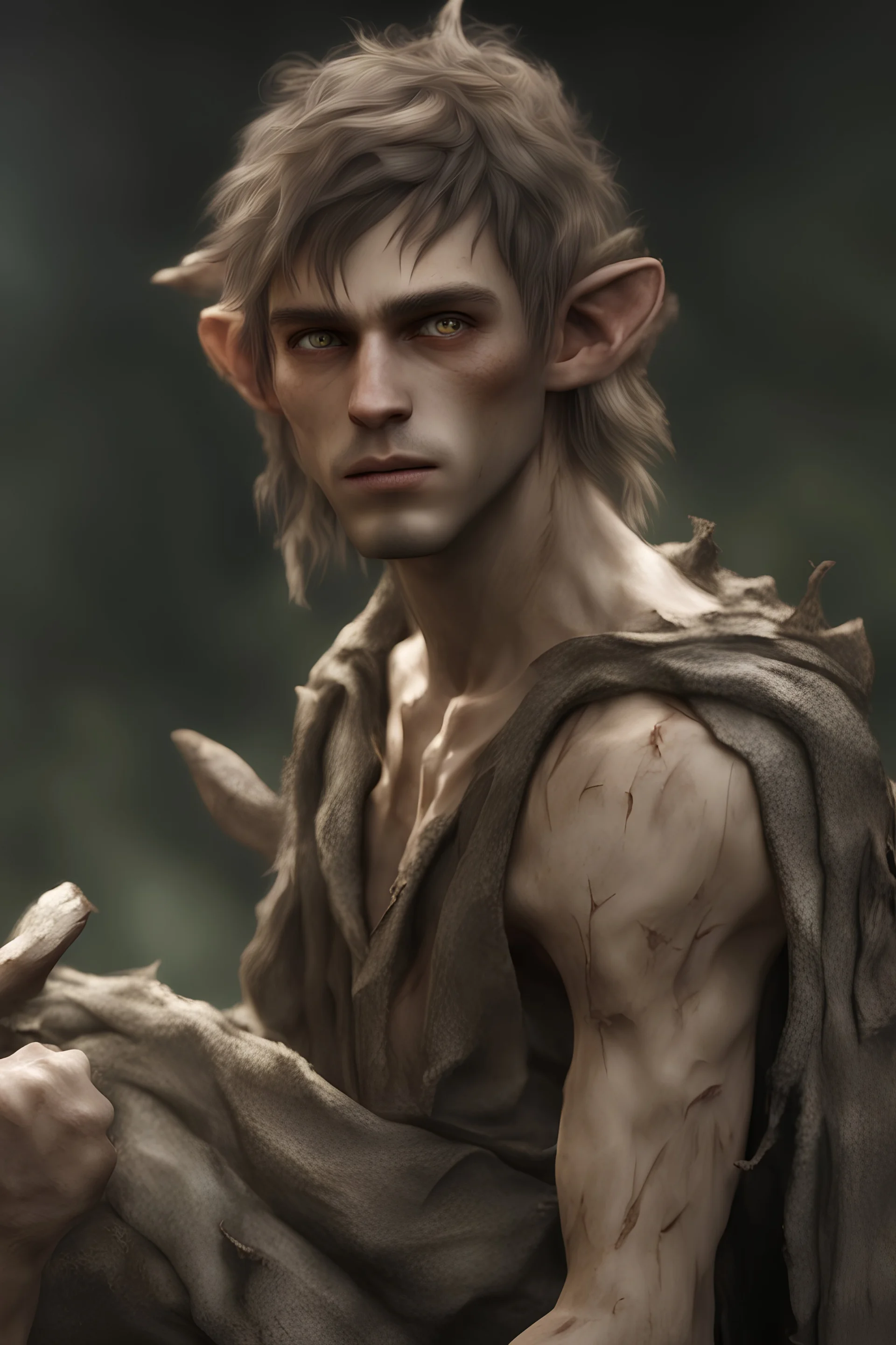 Hyper realistic young Wood elf male wearing torn and dirty clothes with a patchy beard