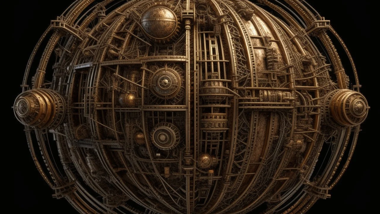 steampunk sphere with tubes, pipes, and wires floating in deep space, detailed