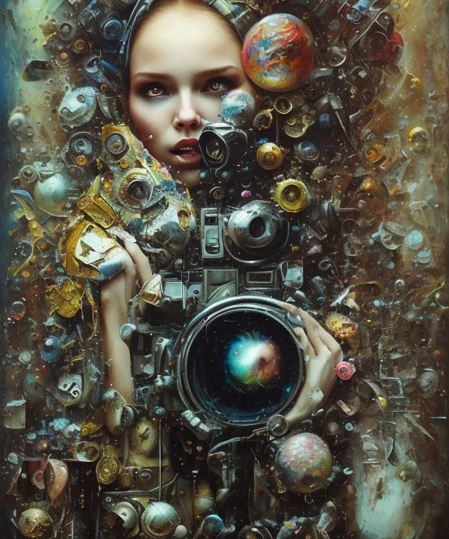 happy beautiful girl holding big proffesional camera in studio. street art, oil on canvas, spray paint, collage, letters, newspapeers, Dave McKean, Vladimir Fedotko, Saturno Butto, Vaughn Bodé, Frank Wu, James C. Christensen, collage, dirty, paint dripping, radiant