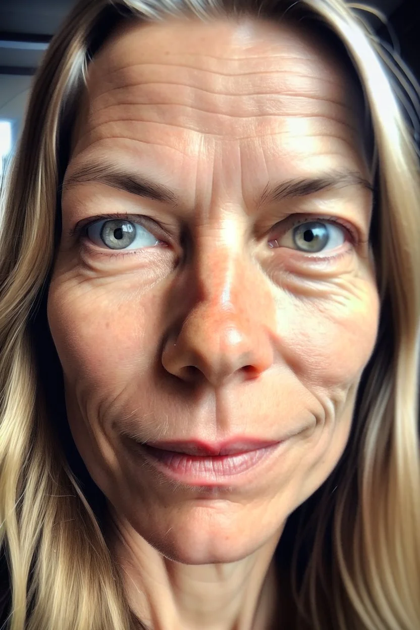 A selfie of a woman, middle blond hair, showing a 39-year-old European woman. She has brown hair, face without makeup, cute nose, detailed full lips, skin texture. Natural lighting and low contrast. Face framed.