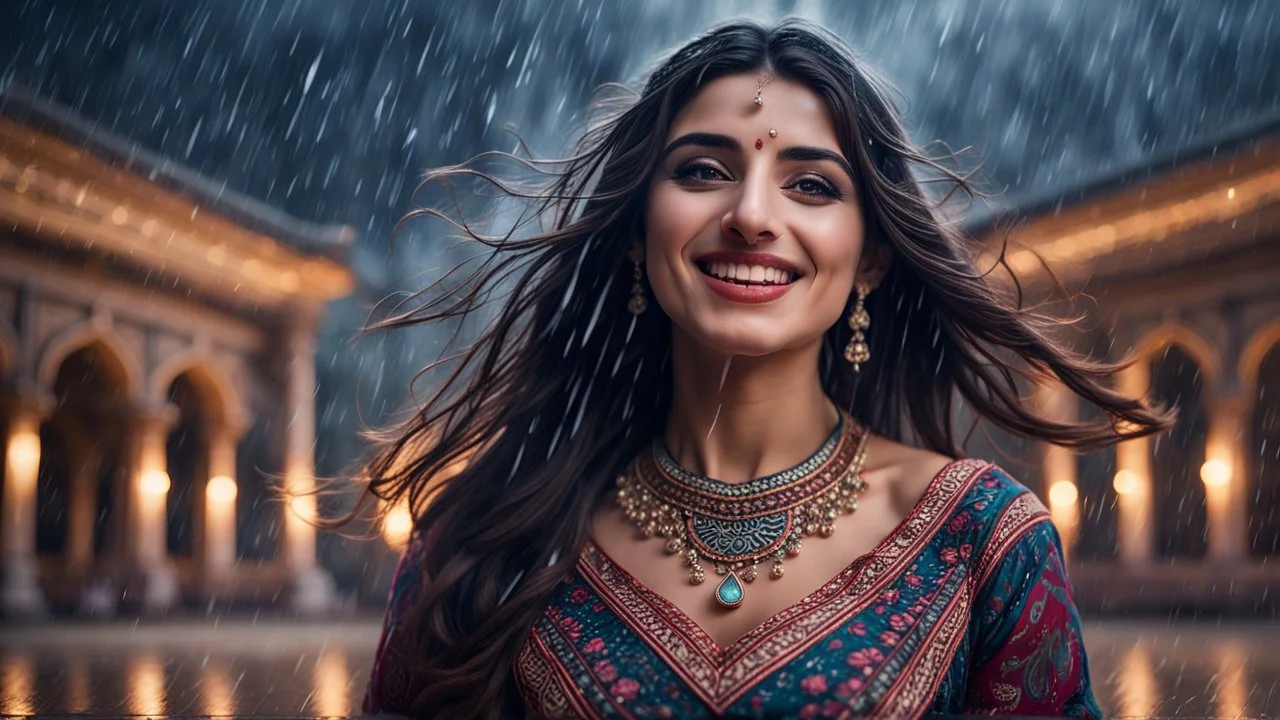 Hyper Realistic Photographic Low-Angle View Of A Beautiful Young Pashto Woman With Beautiful Eyes Lips & Nose (Wearing Beautiful Frock with Mandala Designs on it) (Her Beautiful Long Black Hair Whirling In Air) Happily Smiling & Dancing Alone Outside A Palace Under Heavy Rainfall Night with Thunderstorm Showing Dramatic & Cinematic Ambiance.