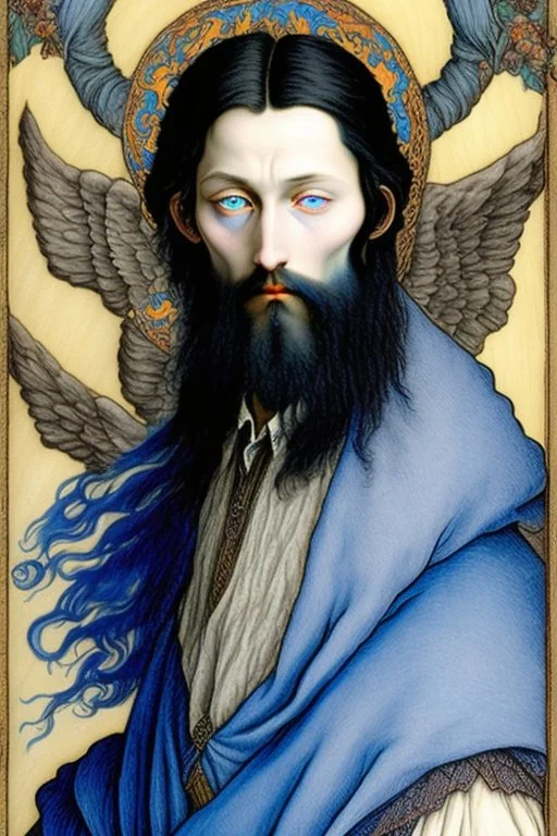 young black haired blue eyed wizard in the style of albrecht durer