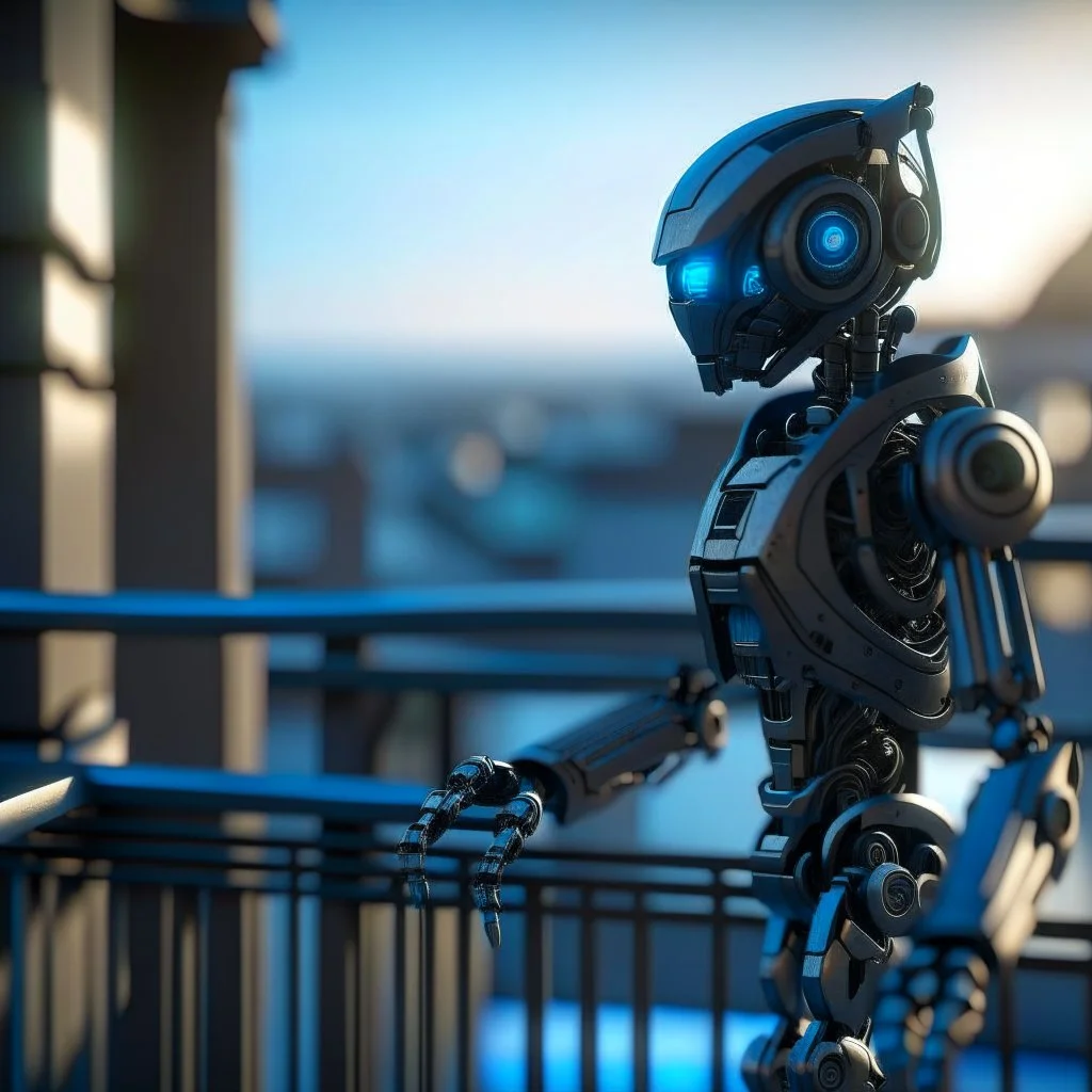 ninja robot on balcony, 8k, down-light, soft light, depth of field, photo realism, trending on art station, high detail