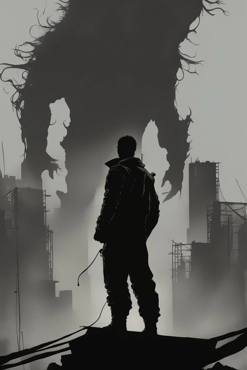 man, standing, silhouette, comic book,post-apocalypse, gray background,