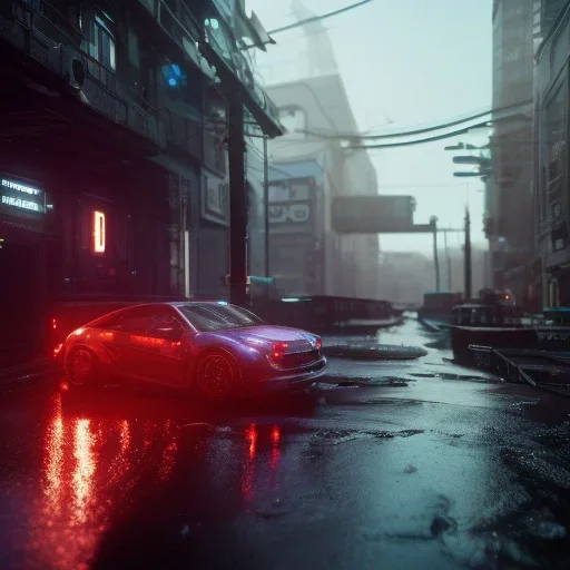 Cyberpunk, Car in night city on the rain unreal engine 5, octane render,cinema4d, dynamic lighting, 8k, redshift render, highly, hyperrealism ultra realistic, hyper realistic.