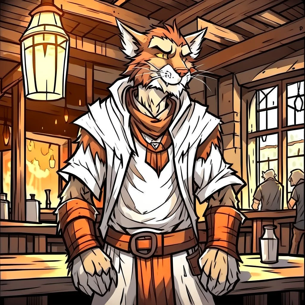 A scared male khajiit from Skyrim dressed in dirty rags with brown spotted fur in a medieval fantasy tavern cartoon