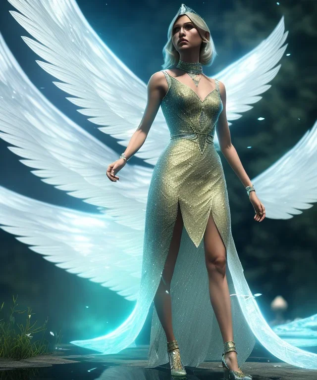 A crystalised queen, atmospheric, realistic, unreal engine, cinematic lighting, octane render, transparent long dress, blonde, full body, wings